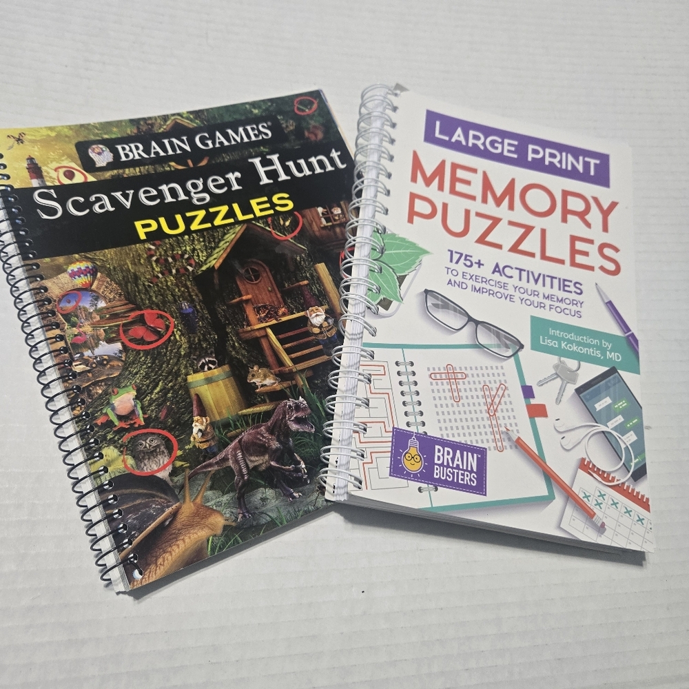 Set of 2 Memory and Brain Games Spiral Bound Books
